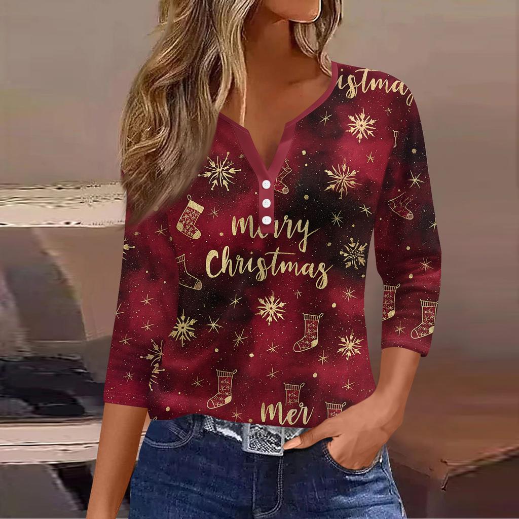 Women's Fashion Casual Christmas Tree Print V-Neck Decorative Button Three-Quarter Sleeve T-Shirt Top