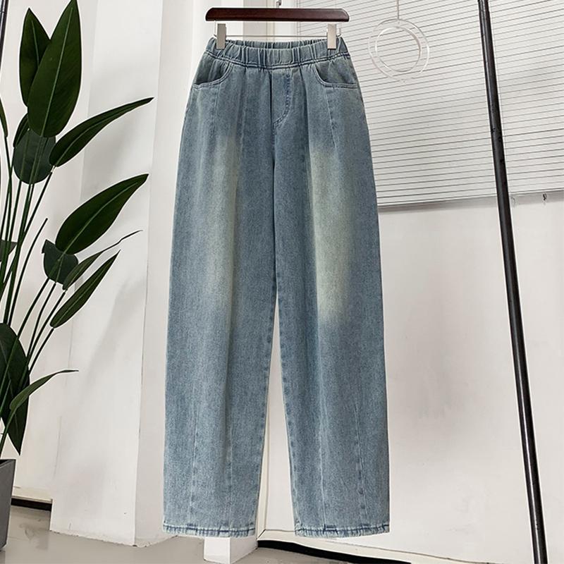 

DIMANAF 2025 Весенние джинсы Длинные брюки Женские джинсовые эластичные базовые брюки Свободные повседневные синие широкие брюки Повседневные брюки Брюки больших размеров M синий
