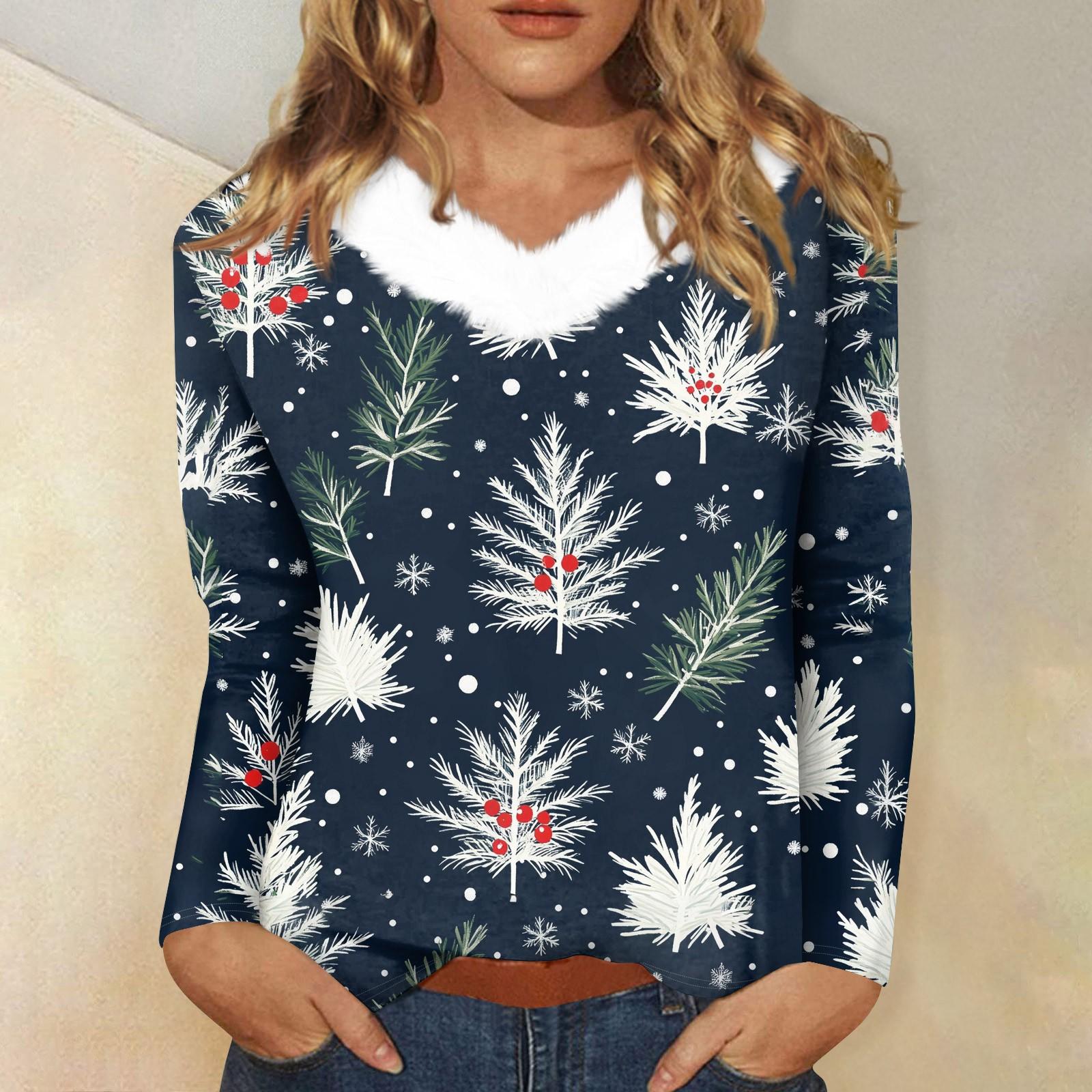 

Женский свободный повседневный топ с длинными рукавами и рождественским принтом, плюшевый воротник, V-образный вырез, топ с длинными рукавами M