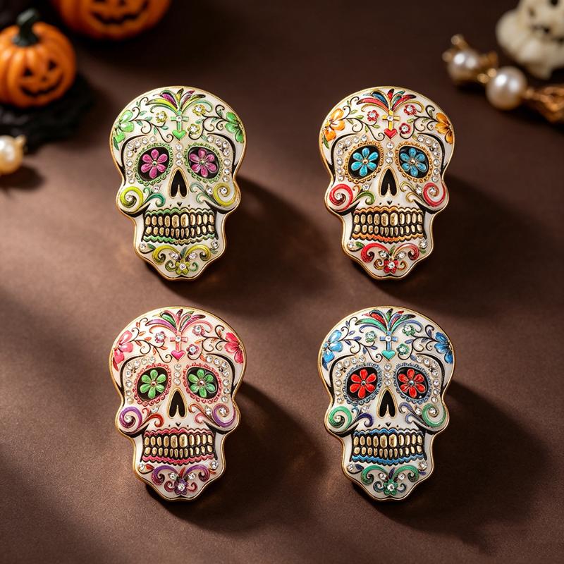 Colorful Flowers Sugar Skull Brooch With Vibrant Enamel Sparkly Rhinestone Accents For Day Of The Dead And Halloween Parties