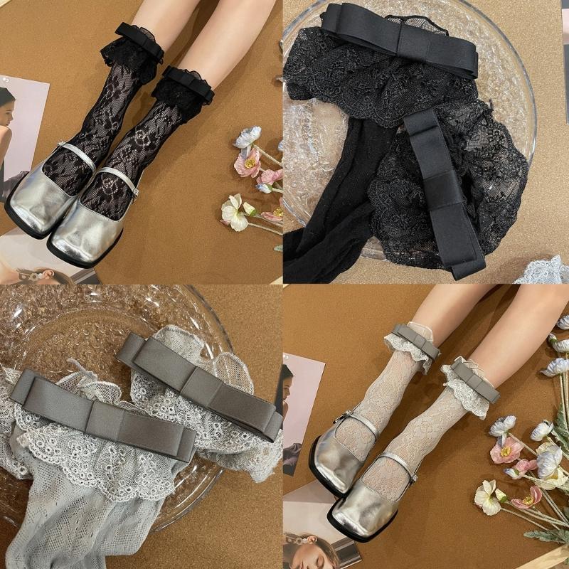 Women Japanese Style JK Girl Flower Lace Ruffle Frilly Ankle Socks Sweet Bowknot Elegant Student Middle Tube Dress Socks