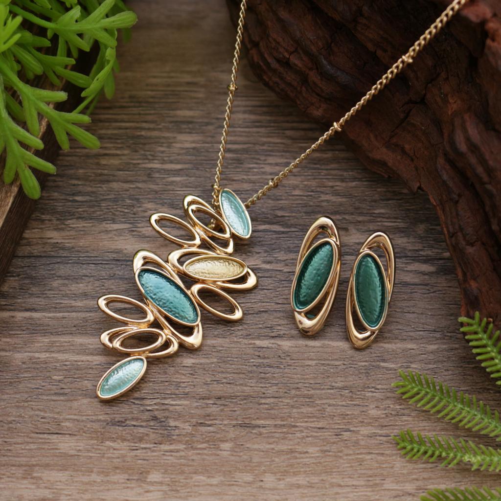 New Enamel Oval Petal Stud Earrings Pendant Set, Women's High-end Hollow Petal Necklace