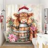 Highland Cow Christmas Shower Curtain, Funny Cute Animals Rustic Wooden Flower Board Winter Farmhouse Snow Bathroom Curtains