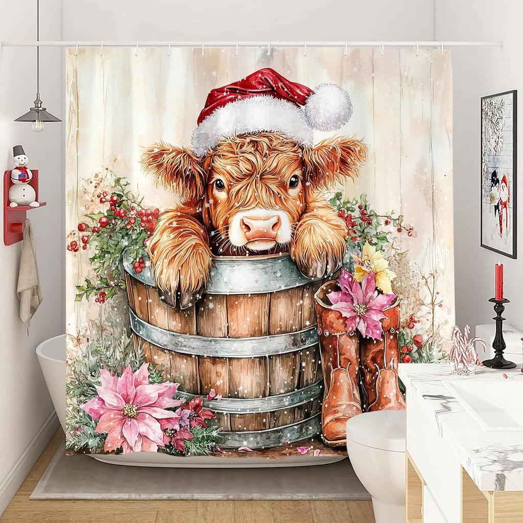 Highland Cow Christmas Shower Curtain, Funny Cute Animals Rustic Wooden Flower Board Winter Farmhouse Snow Bathroom Curtains