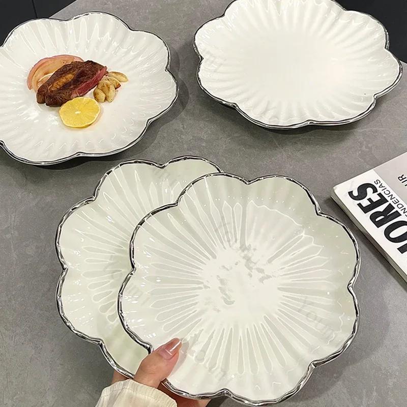High End Solid Color Ceramic Plates Light Luxury Silver Edge Exquisite Dining Plate Household Delicious Dishes Plate Tableware