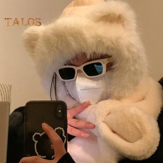 Kvinner Vinter integrert lue og skjerf tykk fleece varm tegneserie bjørn øredekor vindtett full beskyttelse utendørs reise i kaldt vær Snowboard