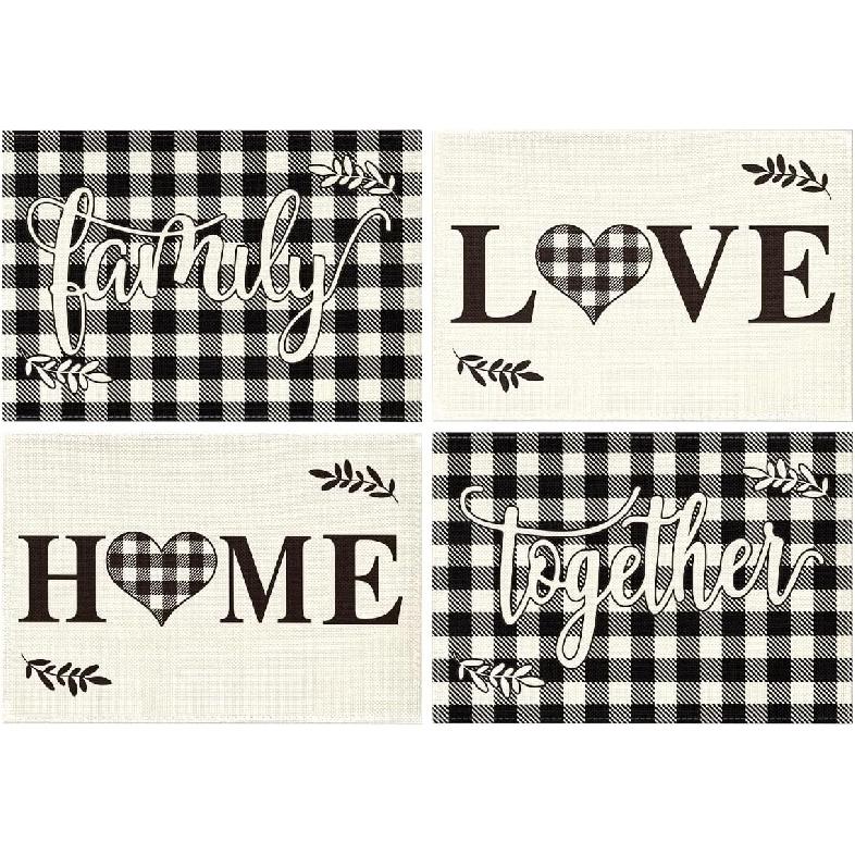 Artoid Mode Love Family Together Home Buffalo Plaid Placemats Set of 6,12x18 Inch Seasonal Table Mats for Party Kitchen Dining Decoration