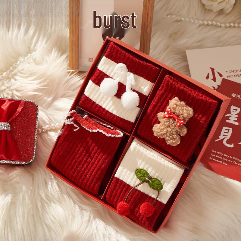 Women's Red Dragon Year Gift Socks Set: Knee-High Cotton Socks for Autumn, Winter, and New Year Luck