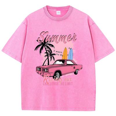 Casual Women Cotton Washed T-Shirt Summer Racing Car Challenge Street Oversize Fashion O-Neck