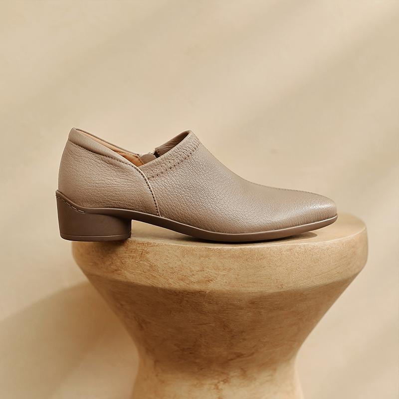Fashion 2025 Spring New Women Pumps Retro Women Shoes Genuine Leather Slip-on Ladies Shoes Thick Heels Round Toe Causal Dress Shoes