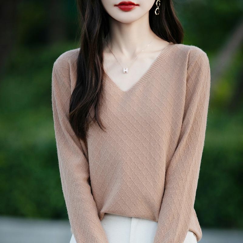 Autumn 2024 Women's Knitted V-Neck Sweater - Long-Sleeved Velvet Prismatic Korean Style