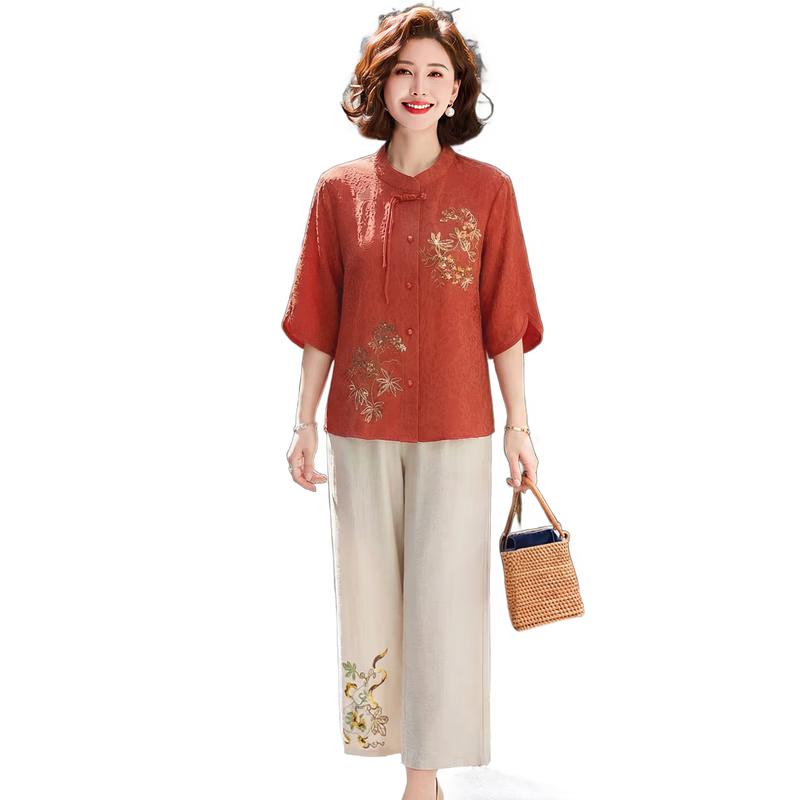 Yuzhaolin Women s Embroidered Seven-Sleeve Two-Piece Set 2XL
