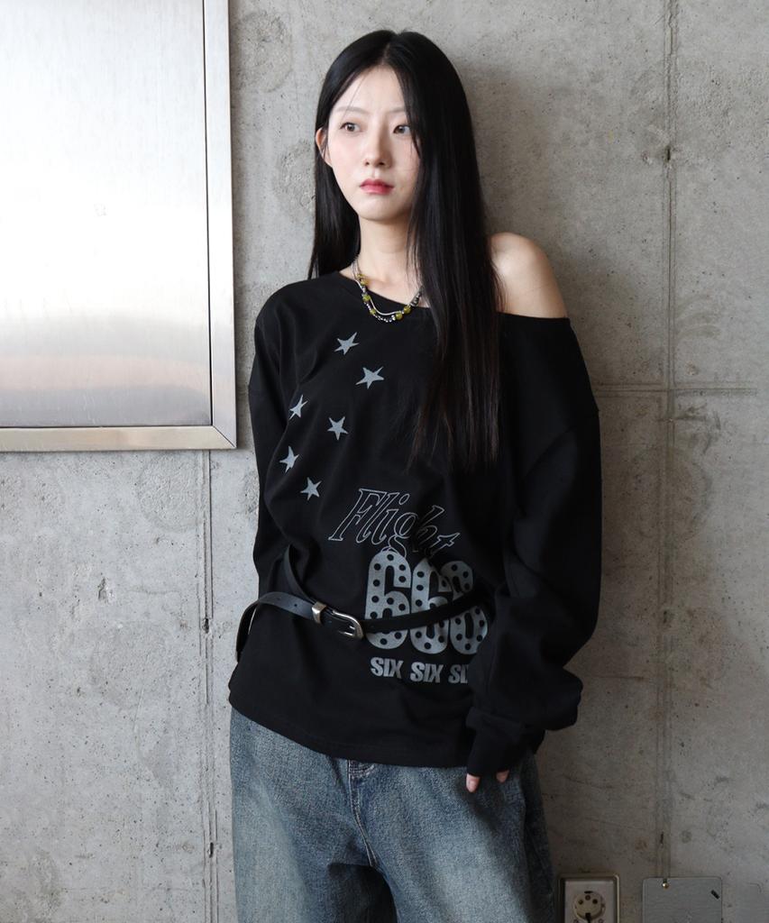 DEFYCLUBROBBERS Flight 666 Boat Neck One Shoulder Long Sleeve Black