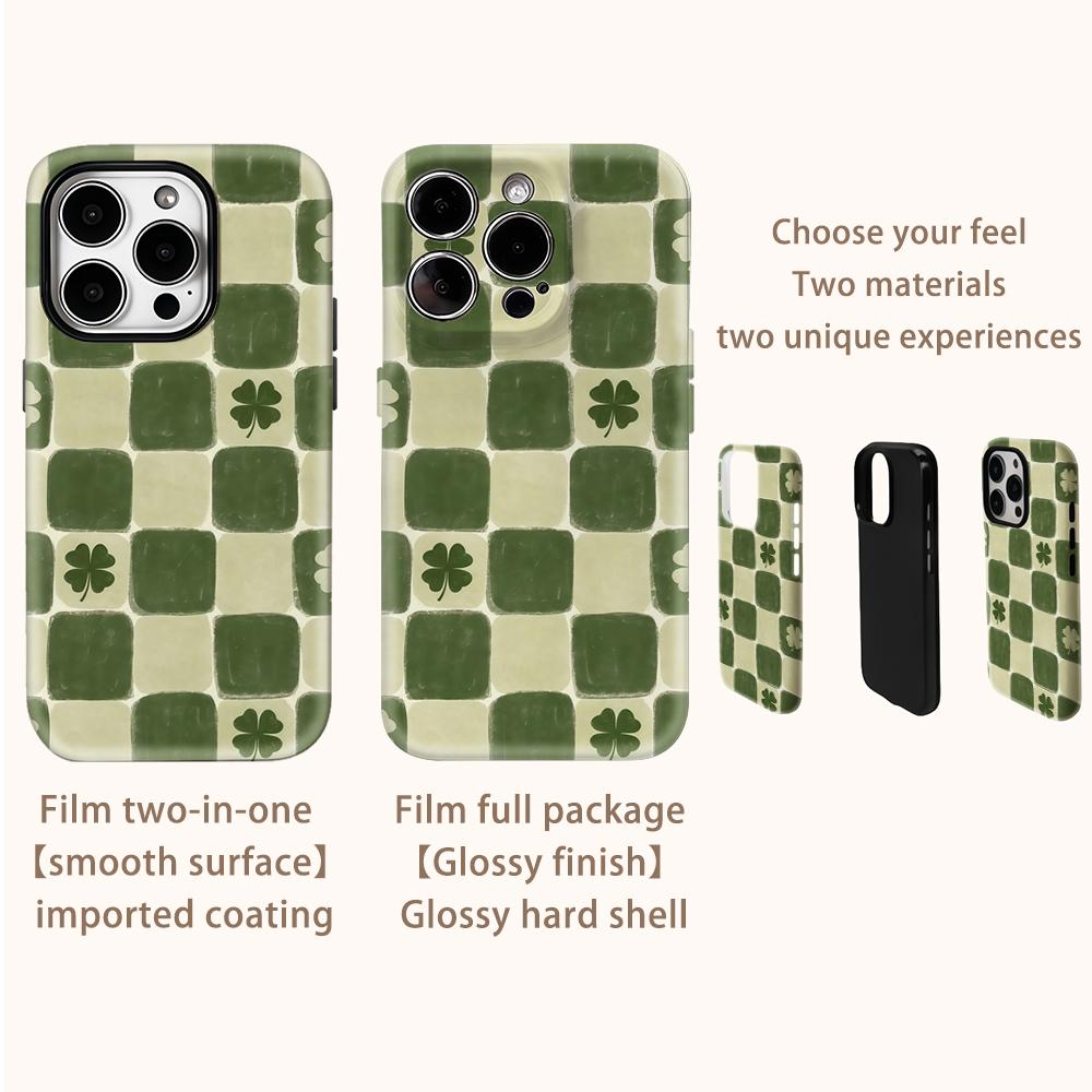 Vintage Clover Checker Phone Case for IPhone 17AIR 16E 16 15 14 13 12 11 17 Pro Max Plus Double-layer Back Cover