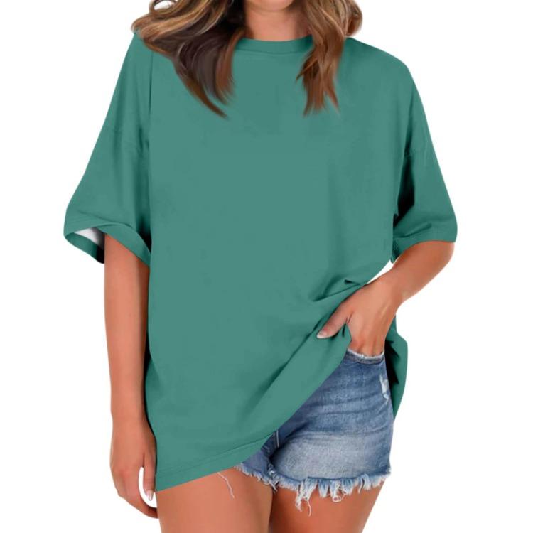 

Women Casual Loose T Shirt Round Neck Short Sleeve Falling Shoulder Solid Color Top Ladies Fashion Blouse S зелёный