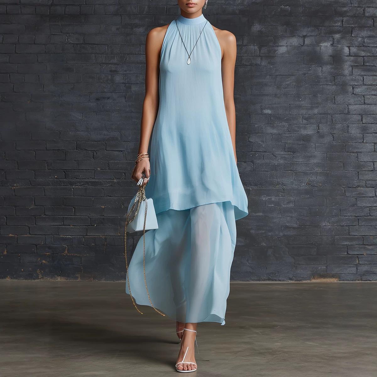 European and American cross-border foreign trade women s clothing 2026 summer elegant temperament sleeveless semi-turtleneck fake two-piece chiffon S светло-синий