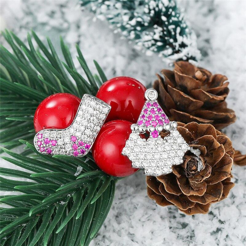 Huitan Irregular Christmas Earrings Women Rose Red Color Santa Claus and Sock Stud Earrings Dazzling CZ Exquisite Female Jewelry