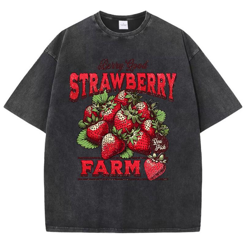 Cotton Womans Acid Wash T-Shirts Strawberry Farm Retro Prints Tees Comfortable Crewneck Oversized Tops Fashion Clothes