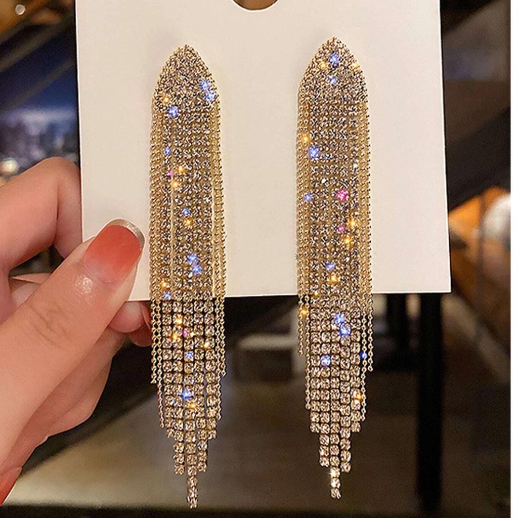 European and American Diamond-encrusted Metal Long Fringed Earrings Women's High-end Studs, Niche Temperament Earrings