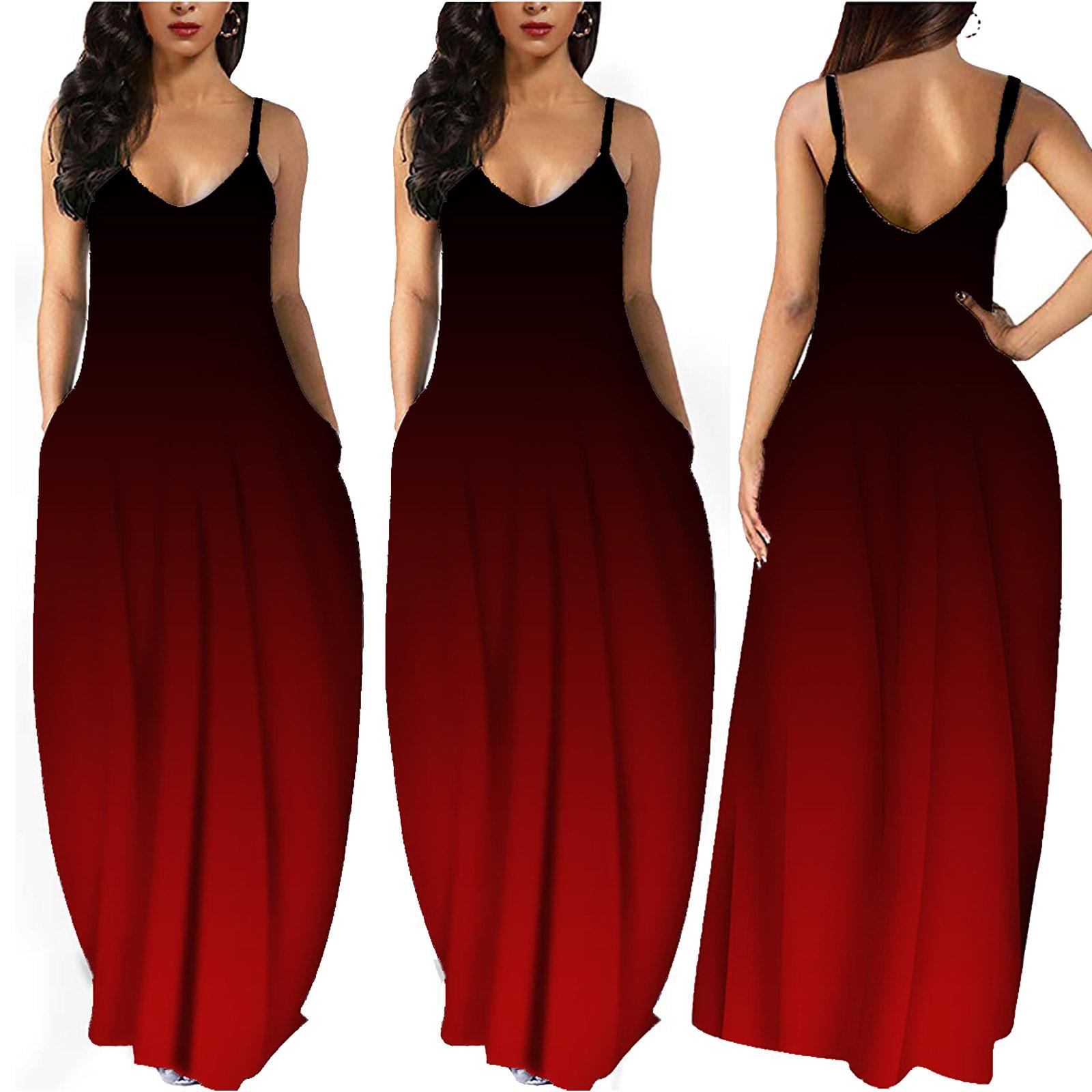 

Женское платье макси без рукавов с градиентом и V-образным вырезом, повседневный сарафан, пляжные длинные платья L винный