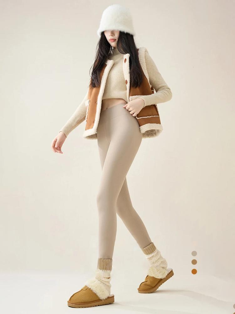 Autumn Winter Rabbit Fleece Sharkskin Leggings Women Casual Basic Thicken Warm Leggings Brown Fleece Lined Tights