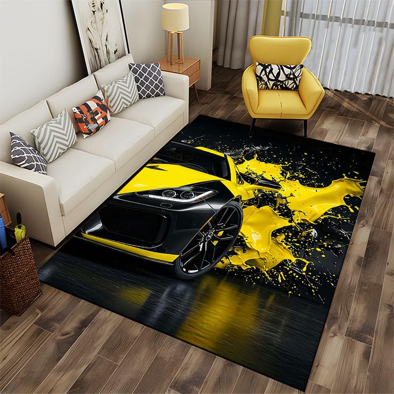 Sports Car with Yellow Paint Splash suitable as a non-slip mat for the living room or bedroom sofa