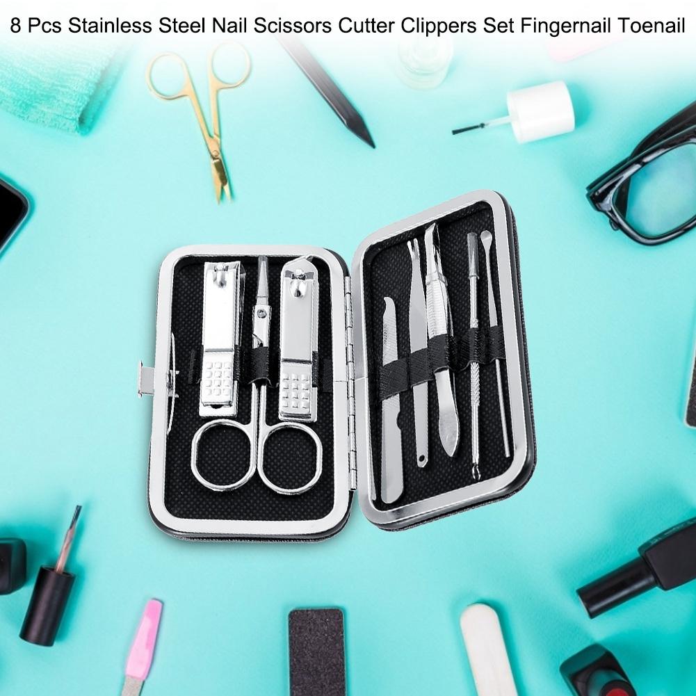8 Pcs Stainless Steel Nail Scissors Cutter Clippers Set Fingernail Toenail (Black)