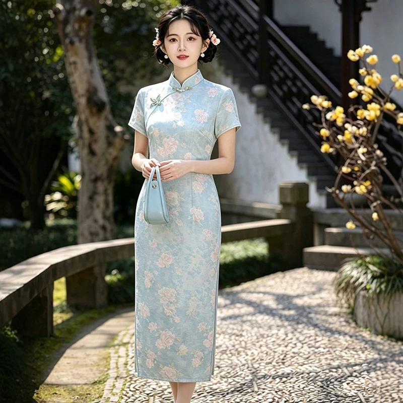1011 Floating Brocade Cheongsam Spring New Improved National Style Elegant Temperament Printing Daily Wear Girl