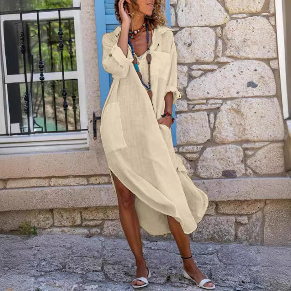 Μονόχρωμο με κουμπιά σπαστό Χαλαρό αναπνεύσιμο περιστασιακό βαμβακερό λινό μακρύ πουκάμισο Γυναικείο σε μέγεθος