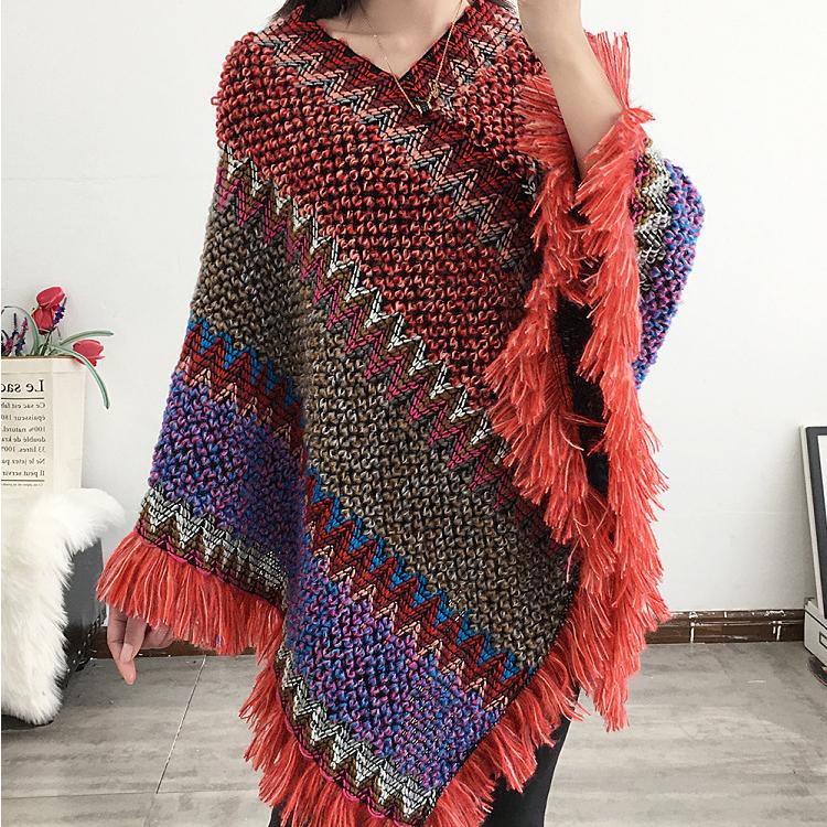 Dámský pulovr s cikcakovým úpletem a třásněmi, šál, podzimní hippie měkký háčkovaný šál, asymetrická šála