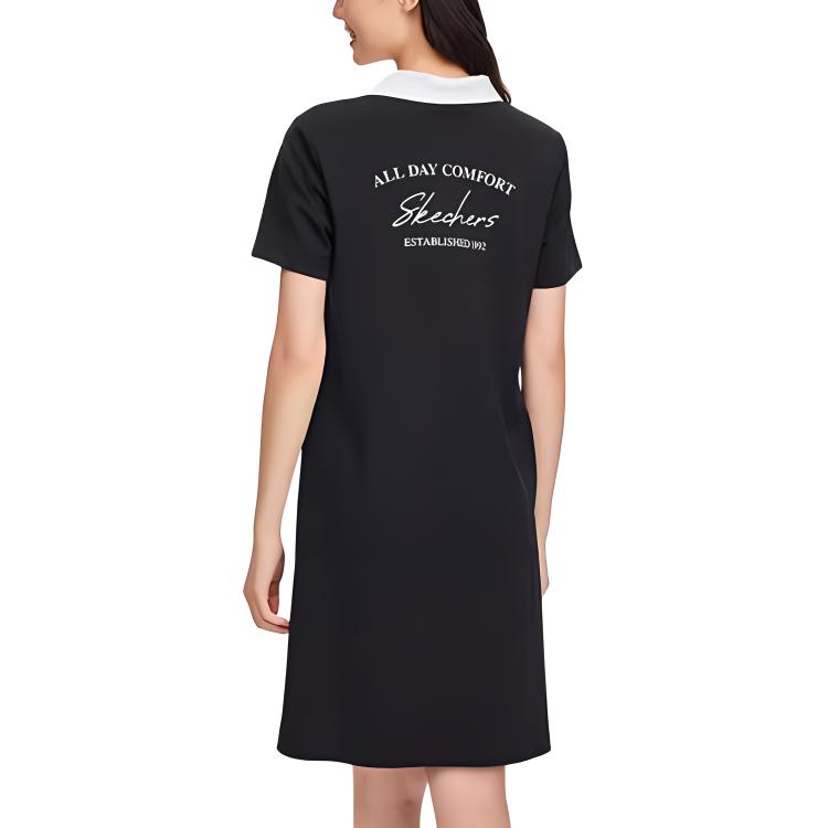 Skechers Fashion Simple Button Letter Polo Collar Short Sleeve Dress Women dresses Carbon-Black L224W094-0018