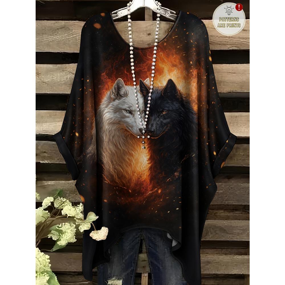 Summer Large Size Black and White Double Wolf Printed Bat Sleeve Crew Neck T-Shirt