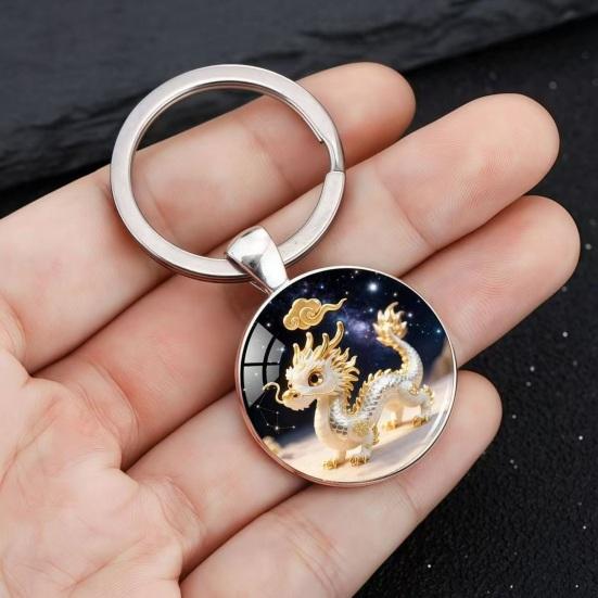 Zodiac Keychain Dome Glass Zinc Alloy Keychain with Starry Sky Background Golden Foil Embellishments 12 Zodiac Signs Key Holder
