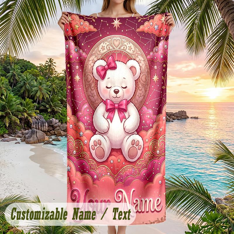 Teddy Bear Theme Beach Towel Personalized Custom Name & Text Soft Quick Dry Beach Towel for Swimming Travel
