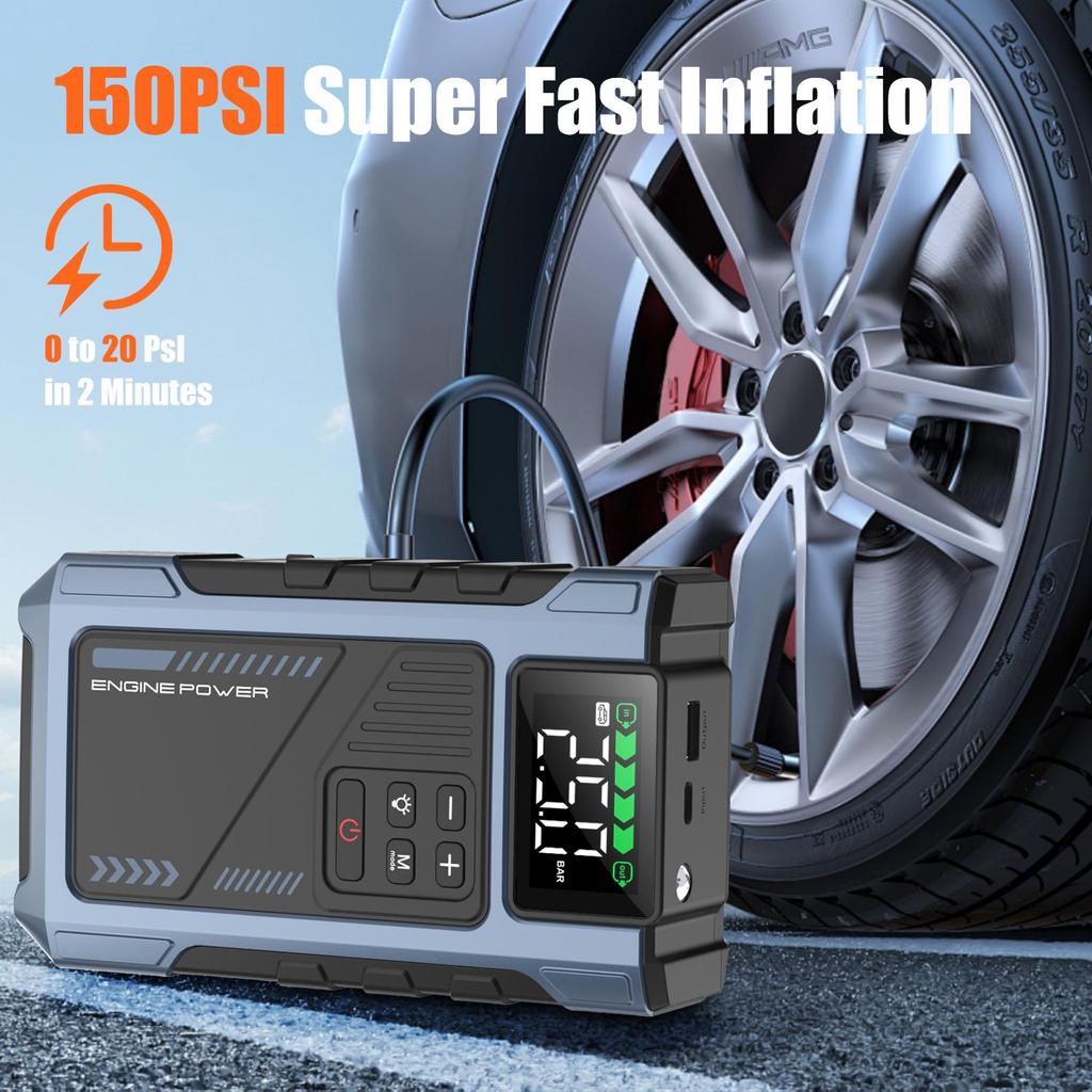 Car Jump Starter Booster Power Bank Battery Charger With 150PSI Air Compressor Eigotrav U2 12V 6000A 12000mAh
