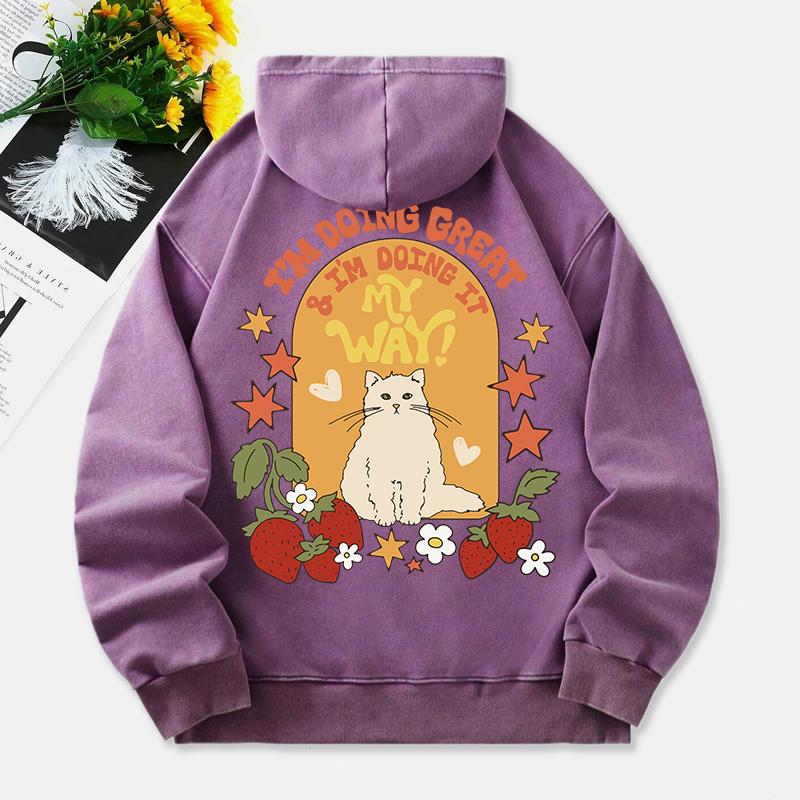 I'M Doing Great Washed Hoodies Women Cute Cat Prints Cotton Sweatshirts Distressed Pocket Oversize Hooded Clothes