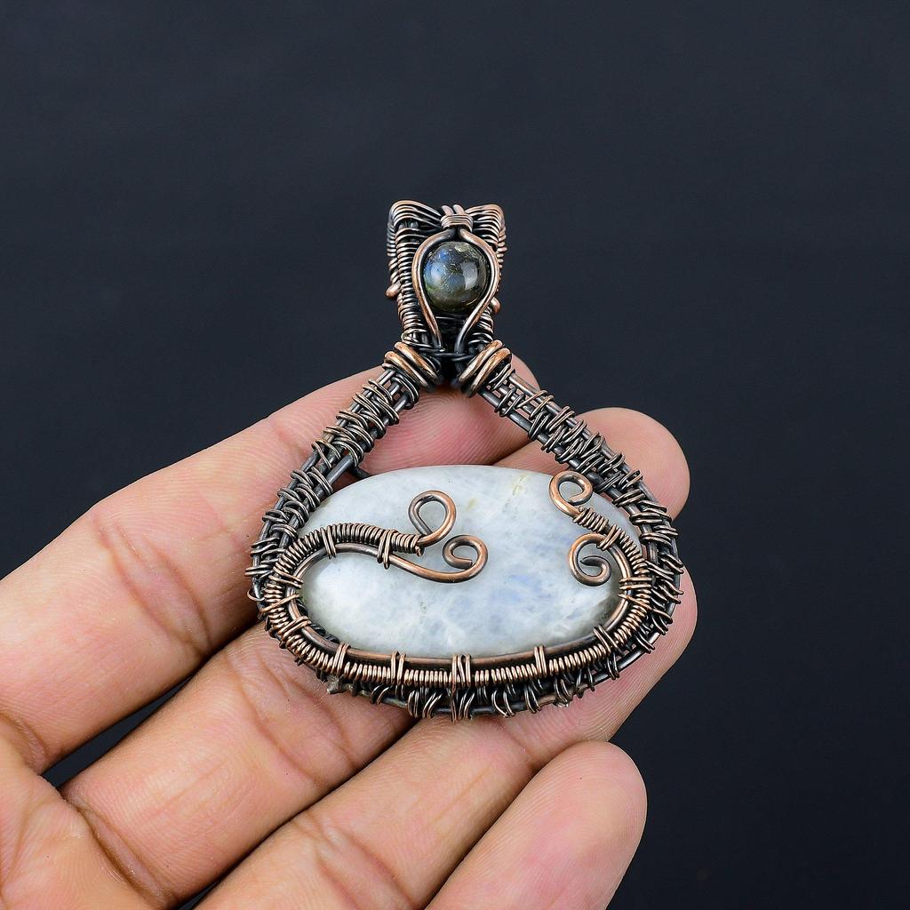Moonstone Gemstone Pure Copper Wire Wrapped Handmade Pendant Jewelry For New Year Gift
