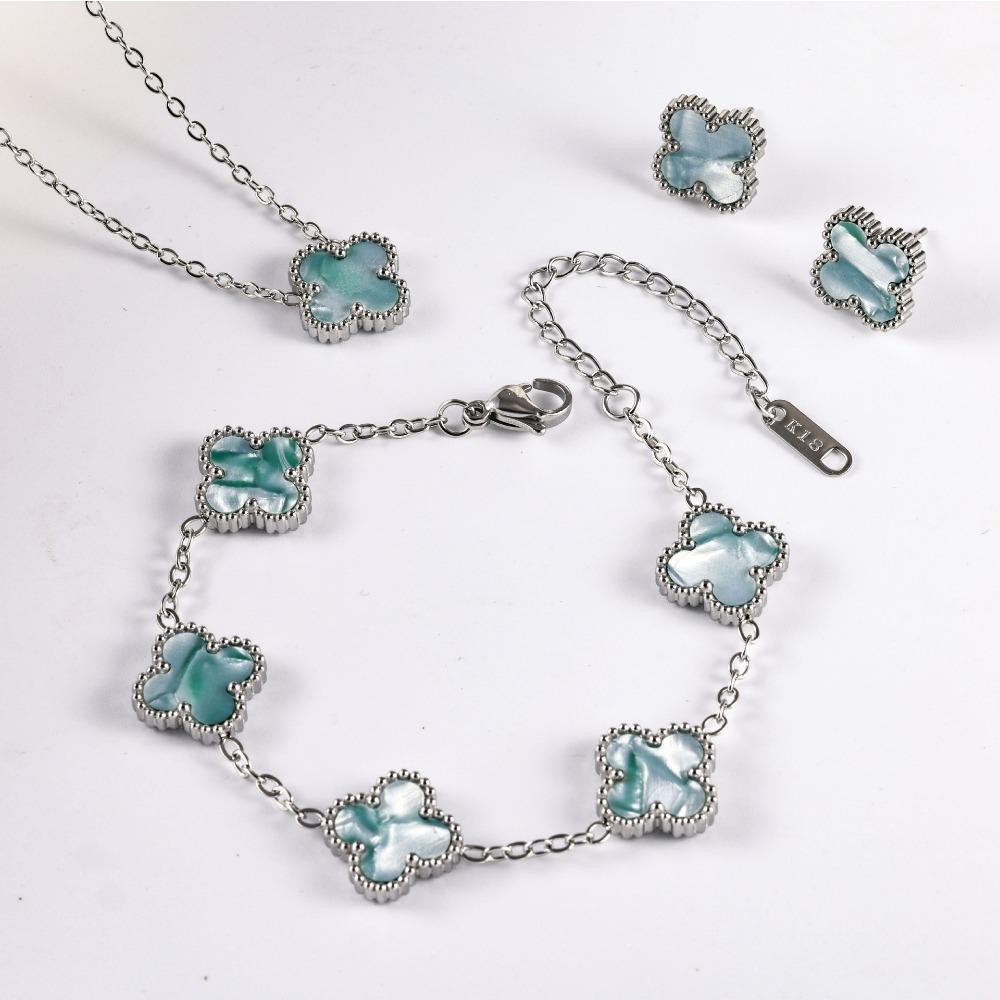 Women's and Girls' Four-leaf Clover Three-piece Set Colorfast Necklace Bracelet Earrings Jewelry