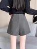 Women's High-Waisted Wide-Leg Tweed Retro Shorts, Gray - Autumn/Winter Casual Slimming Pants