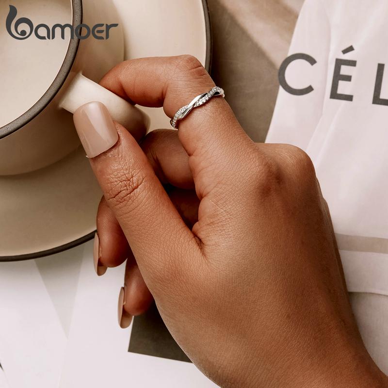 BAMOER 925 Silver Simple Twisted Rope Ring, Gold Plated Cubic Zirconia Eternity Band Stackable for Women Engagement