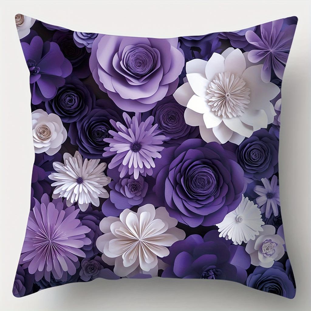 Printed Cushion Cover Purple Flower Soft Polyester Fabric Living Room Sofa Bedroom Bedside Decorative Pillowcase