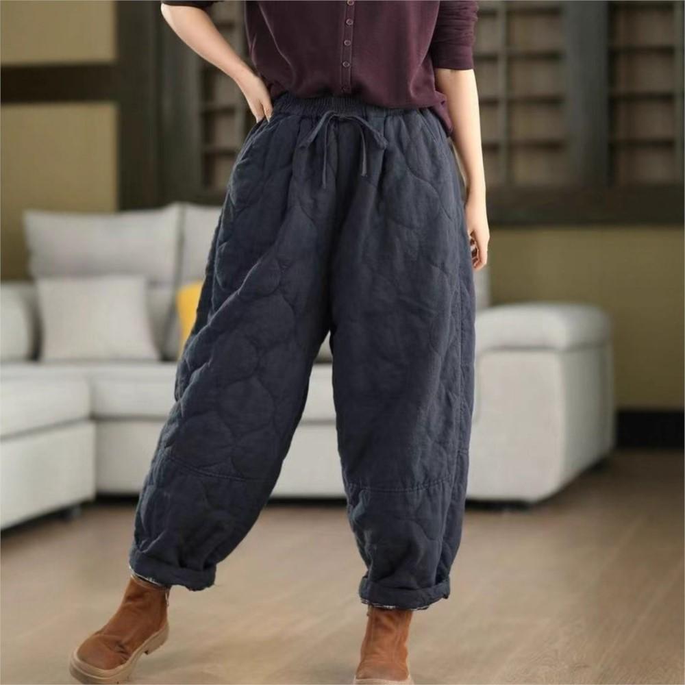 Johnature Women Vintage Warm Pants Elastic Waist Solid Color Winter Trousers Pockets Female Casual Long Pants