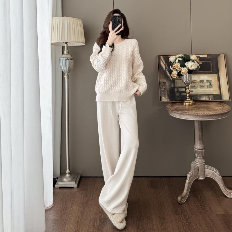 7703 Autumn/Winter Old Money Cable Knit Sweater & Wide-Leg Pants Set Small