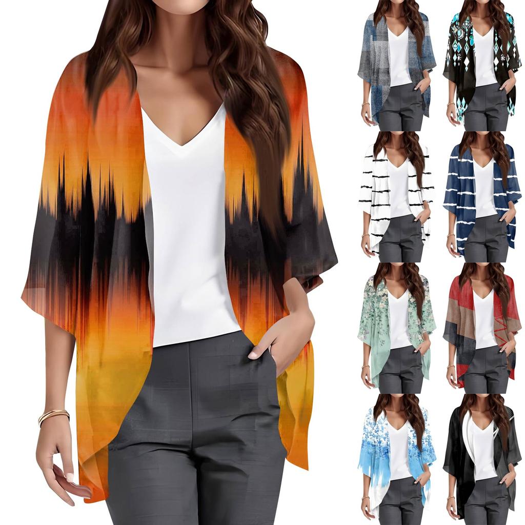 Ladies Fashion Loose Casual Print Beach Holiday   Sleeve Chiffon Cardigan