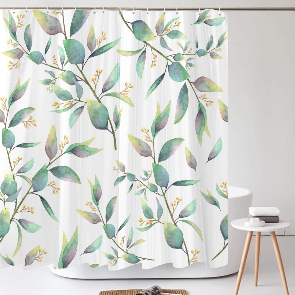Grüne Pflanze Blatt Blume Duschvorhang, Moderner Nordic Minimalistischer Duschvorhang Polyester Stoff Badezimmervorhang für Badezimmer Dekor