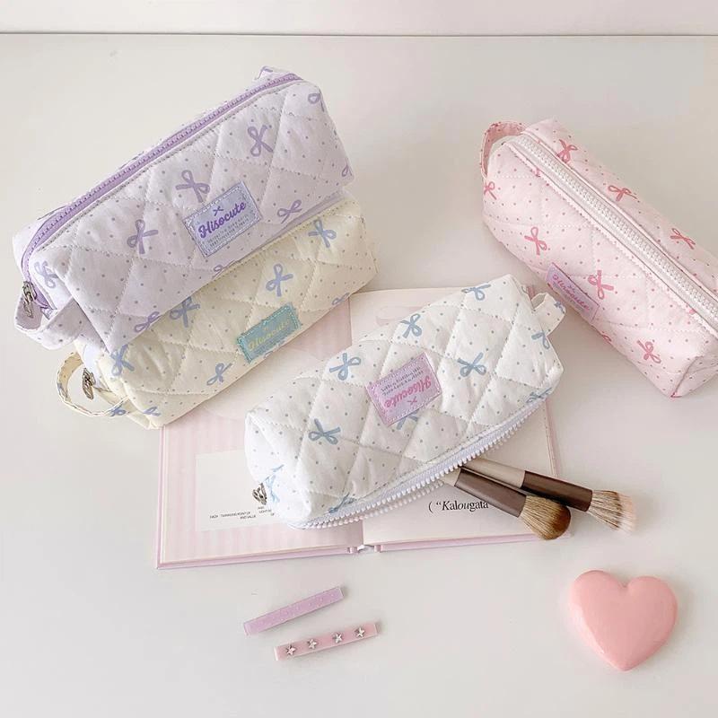 Polka Dots Bow Pencil Bag Large Capacity Multi-Function Stationery Storage for School Office Travel Cosmetic Organizer