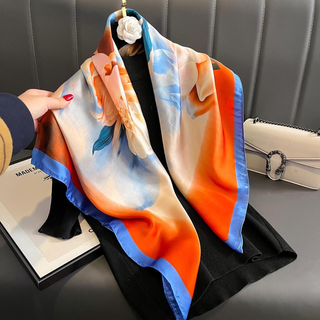 Women's Retro Fashion Mulberry Silk Feel Square Scarf - Summer Faux Satin, Sun Protection, 90cm