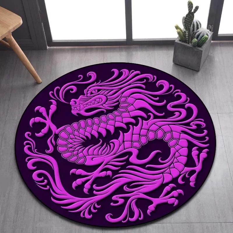Cartoon 3D Dragon Round Area Rug – Non-Slip Floor Mat for Living Room or Bedroom – Game Room Decor, Kids Play Carpet