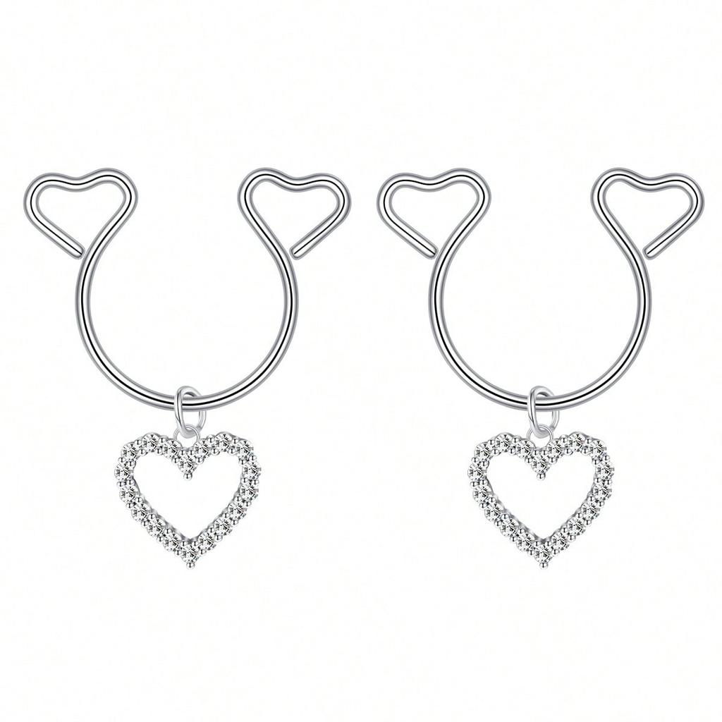 2 Pezzi Anello Finto Capezzolo a Forma di Cuore con Pendente Acciaio Inossidabile Anelli per Capezzoli Senza Perforazione Clip On Anelli per Capezzoli Piercing Finto per il Corpo