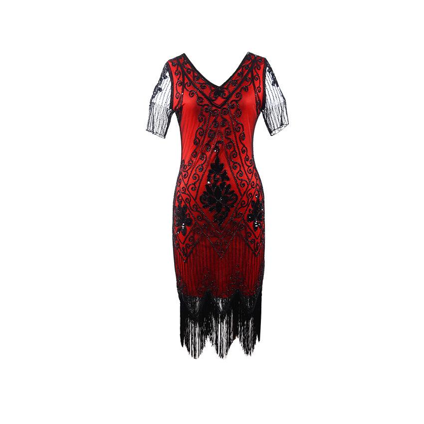 1920s Gatsby V-neck Evening Gown with Embroidered Beading and Sequins Short Sleeve Formal Dress